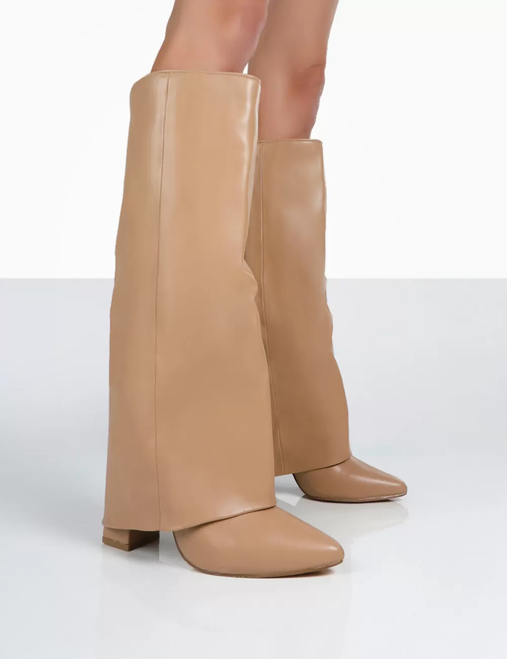 Discount Public Desire Zendaya Pointed Toe Knee High Block Boots Nude