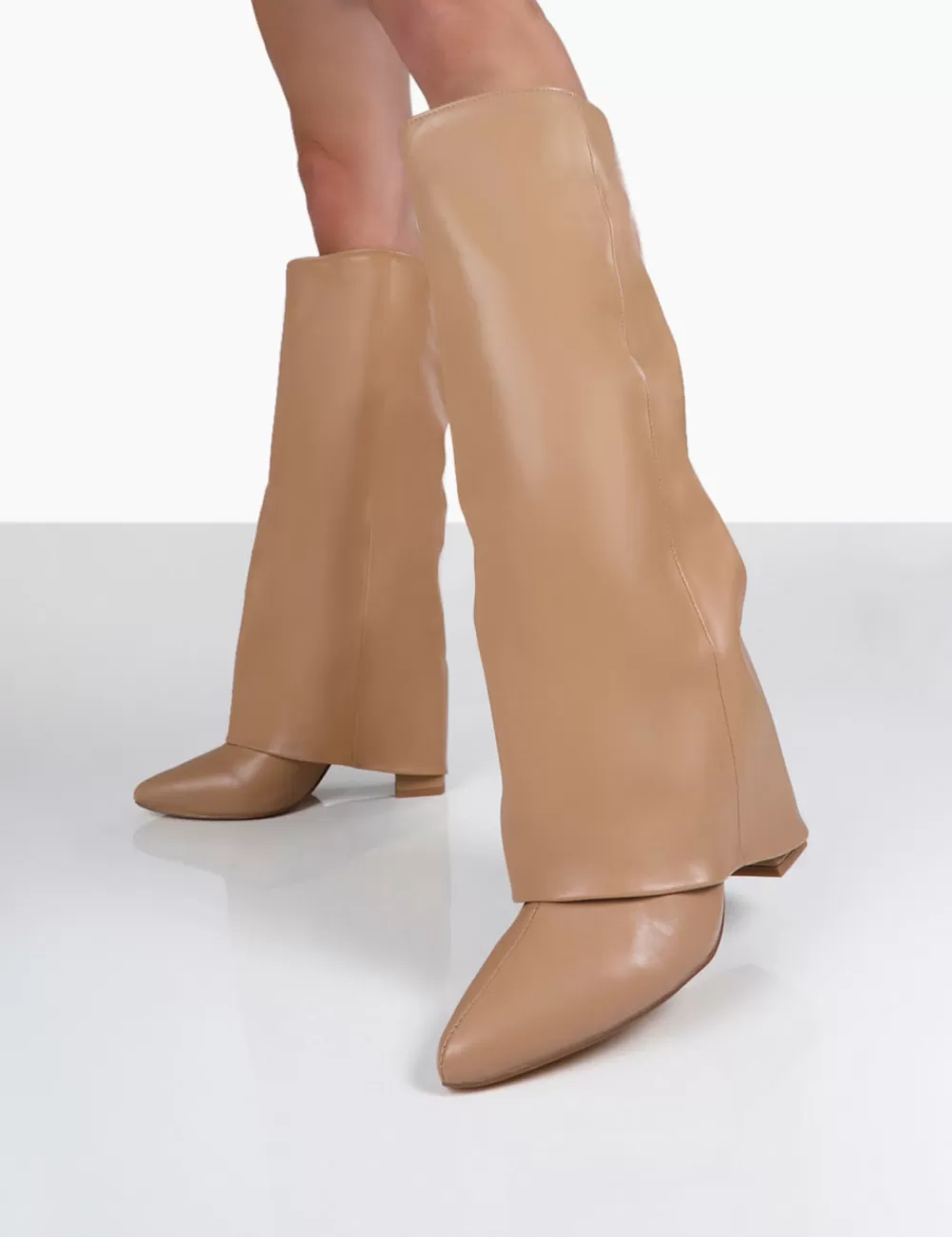 Discount Public Desire Zendaya Pointed Toe Knee High Block Boots Nude