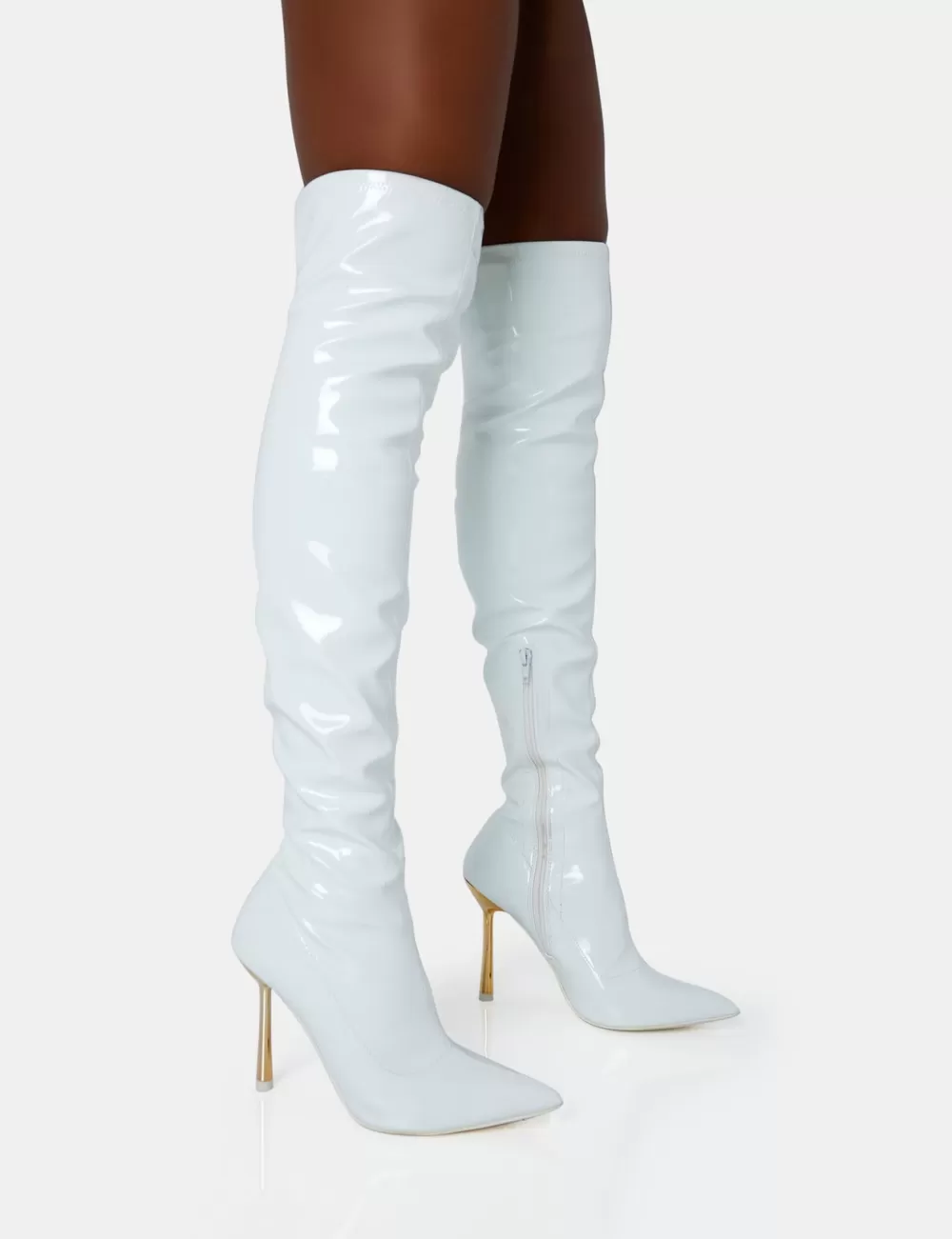Clearance Public Desire Zhenya White Patent Gold Contrast Stiletto Over The Knee Boots