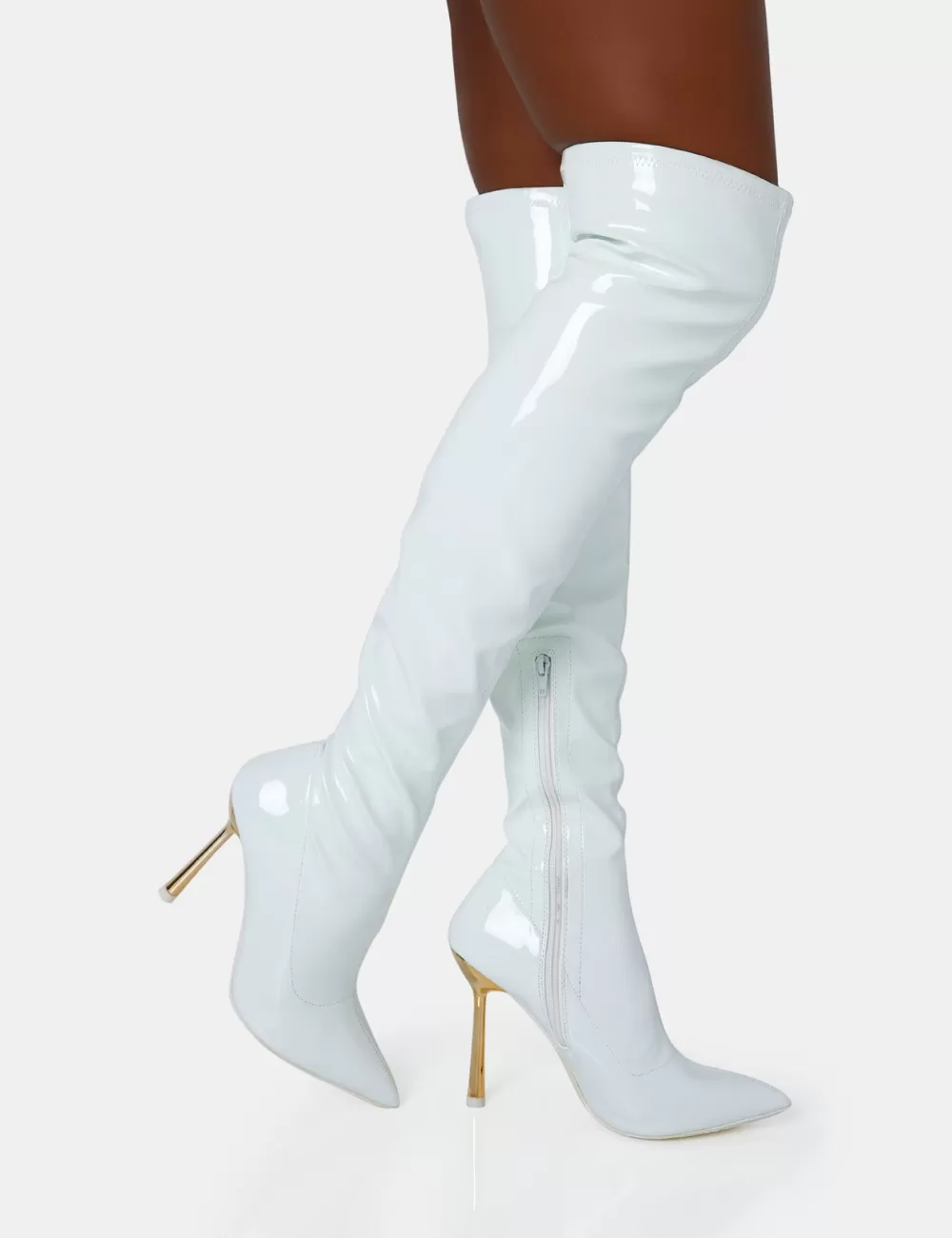 Clearance Public Desire Zhenya White Patent Gold Contrast Stiletto Over The Knee Boots