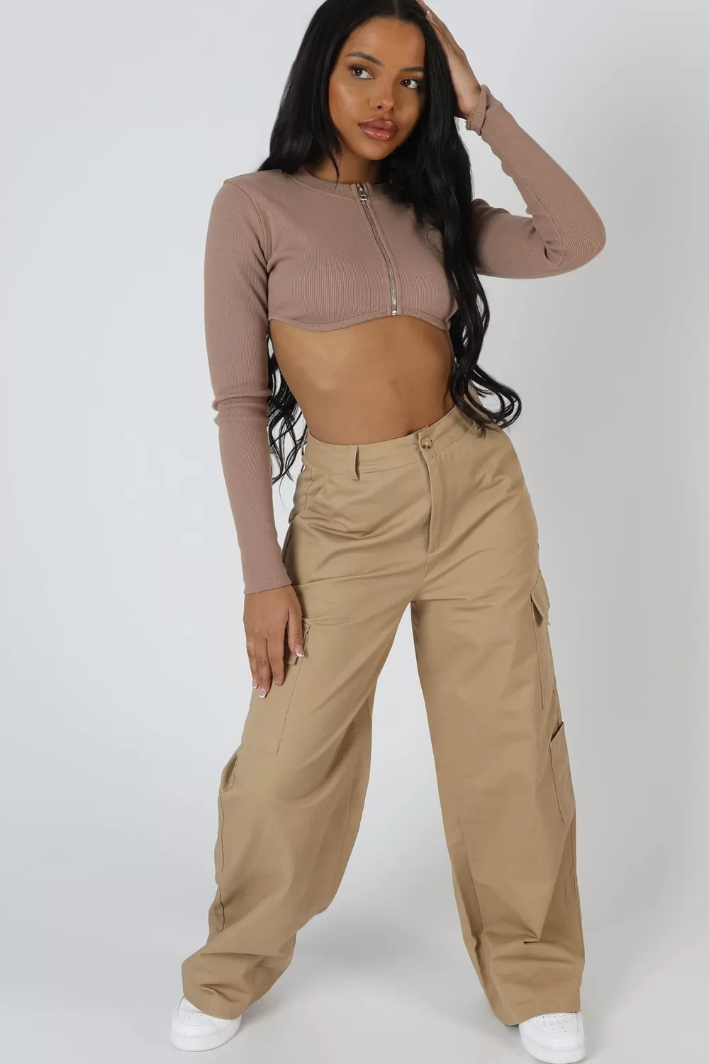 Flash Sale Public Desire Zip Through Underbust Ribbed Top Sand Brown