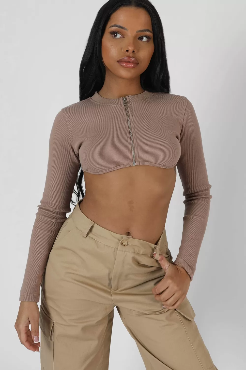 Flash Sale Public Desire Zip Through Underbust Ribbed Top Sand Brown