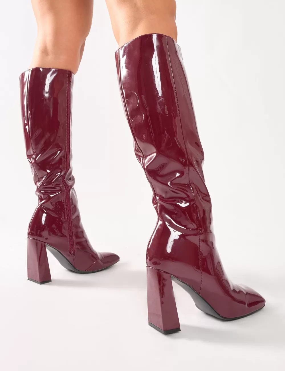 Sale Public Desire Zoya Patent Slant Toe Block Heel Knee High Sock Boots Burgundy